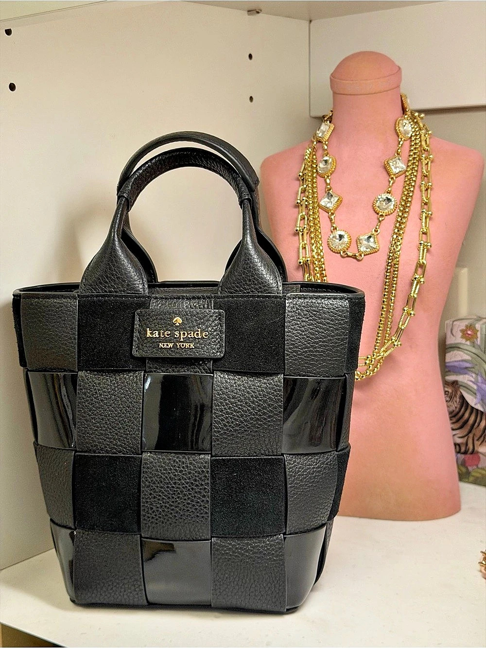 Kate Spade ♠️ Tuxedo Check Black Leather Velvet monochrome Color Block Tote